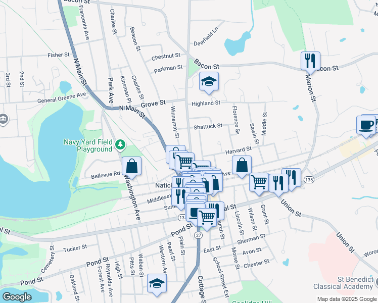 map of restaurants, bars, coffee shops, grocery stores, and more near 64 Washington Street in Natick
