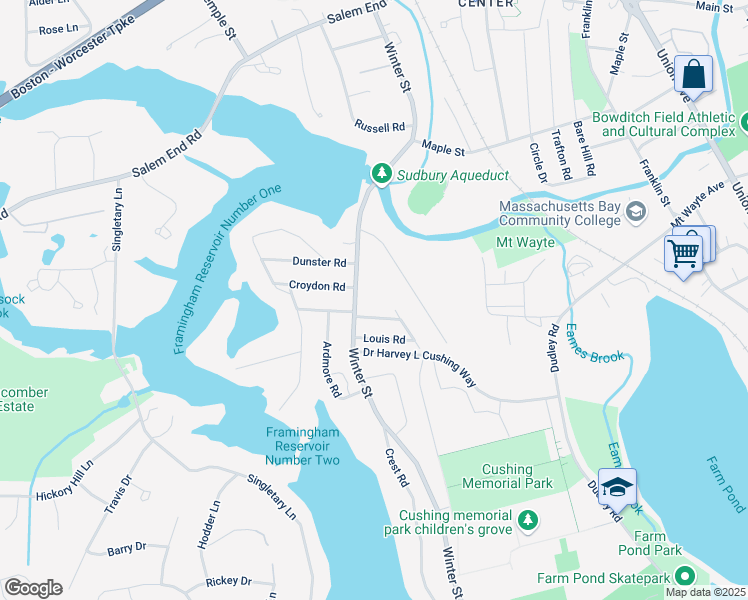 map of restaurants, bars, coffee shops, grocery stores, and more near 342 Winter Street in Framingham