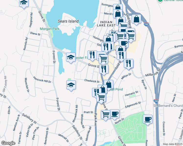 map of restaurants, bars, coffee shops, grocery stores, and more near 4 Rosemont Road in Worcester
