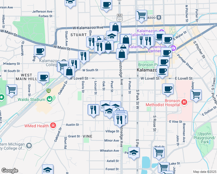 map of restaurants, bars, coffee shops, grocery stores, and more near 424 Pearl Street in Kalamazoo