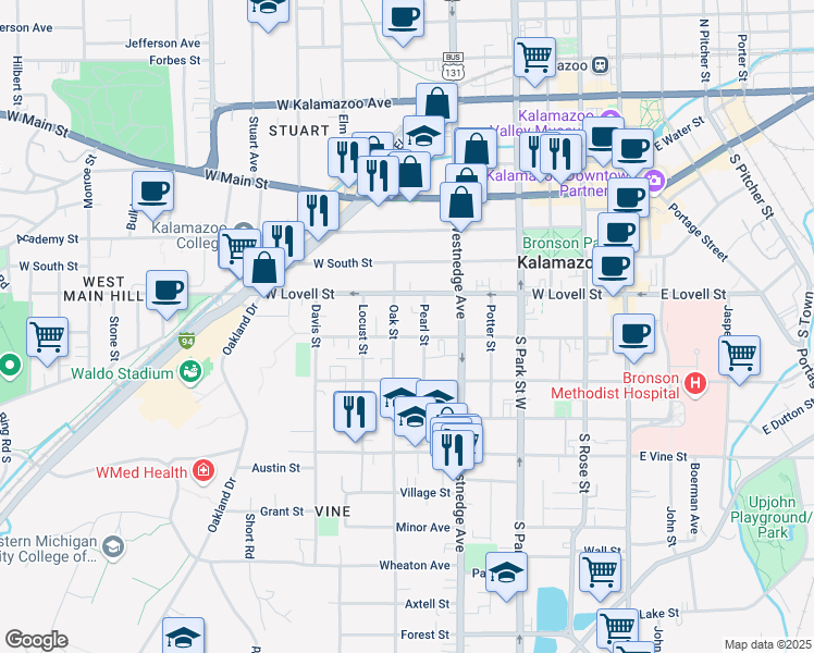 map of restaurants, bars, coffee shops, grocery stores, and more near 424 Pearl Street in Kalamazoo