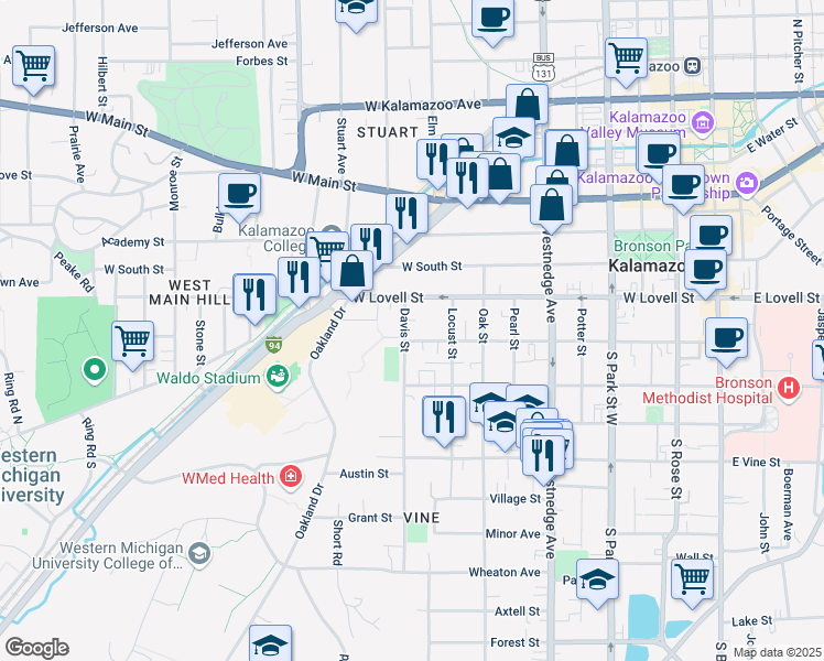 map of restaurants, bars, coffee shops, grocery stores, and more near 821 West Lovell Street in Kalamazoo