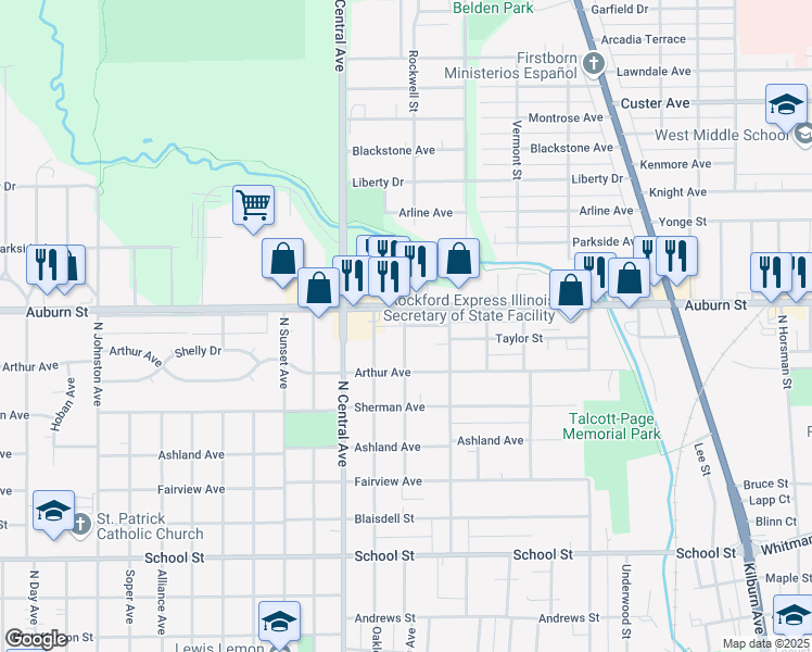 map of restaurants, bars, coffee shops, grocery stores, and more near 1115 Irving Avenue in Rockford