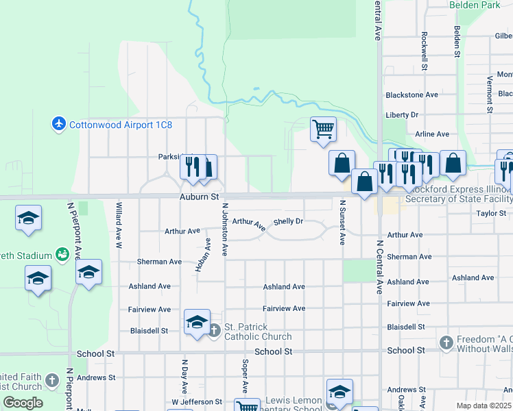 map of restaurants, bars, coffee shops, grocery stores, and more near 4120 Auburn Street Frontage Road in Rockford