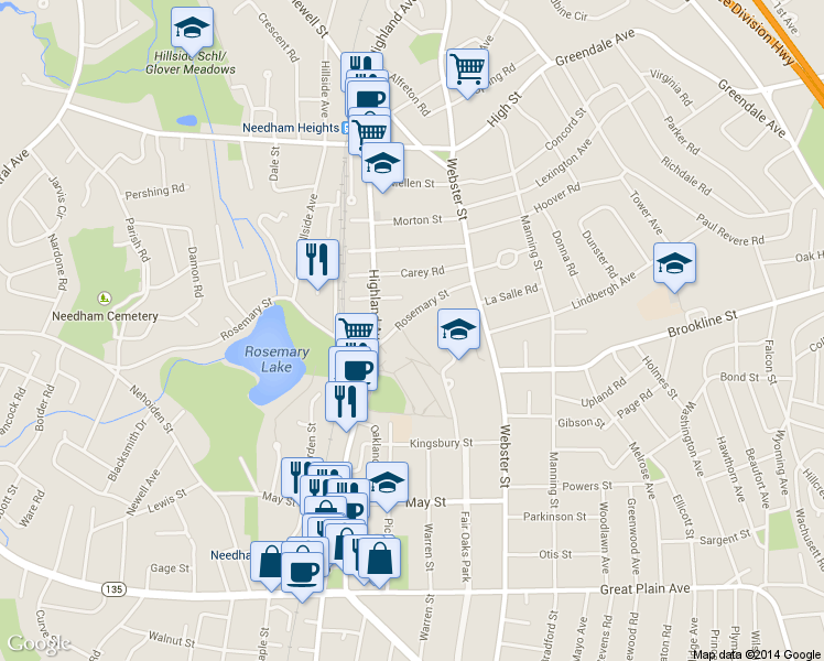 map of restaurants, bars, coffee shops, grocery stores, and more near 66 Rosemary Street in Needham