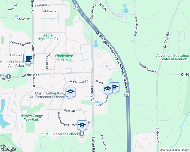 map of restaurants, bars, coffee shops, grocery stores, and more near 1006 Greenhills Drive in Ann Arbor