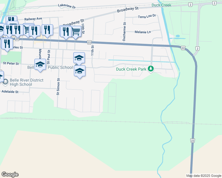 map of restaurants, bars, coffee shops, grocery stores, and more near 308 Christine Avenue in Belle River