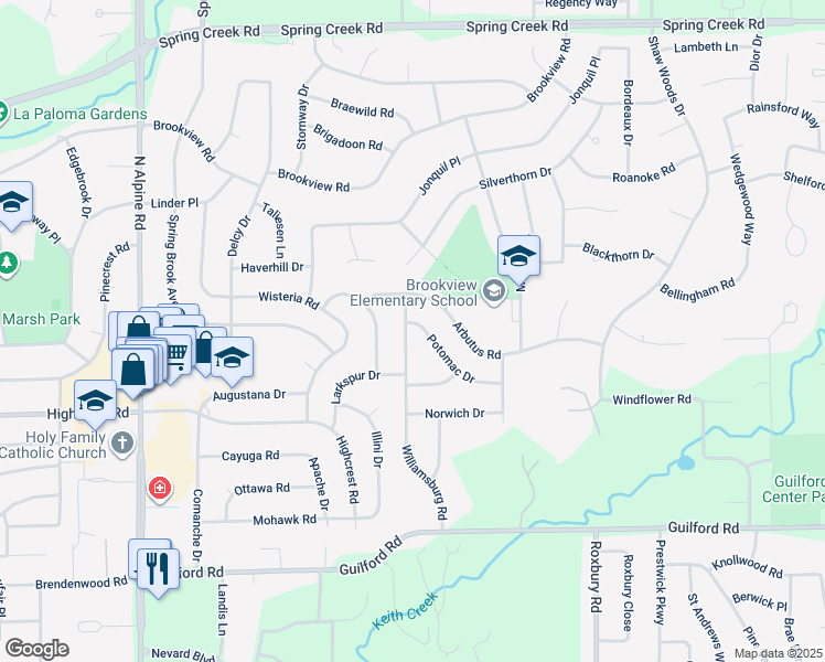 map of restaurants, bars, coffee shops, grocery stores, and more near 1685 Williamsburg Road in Rockford