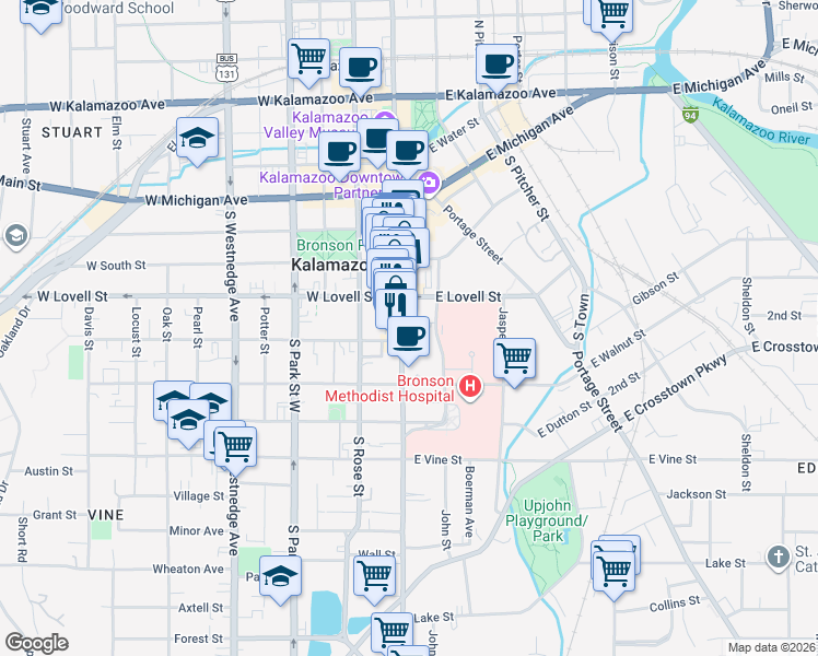 map of restaurants, bars, coffee shops, grocery stores, and more near 427 South Burdick Street in Kalamazoo