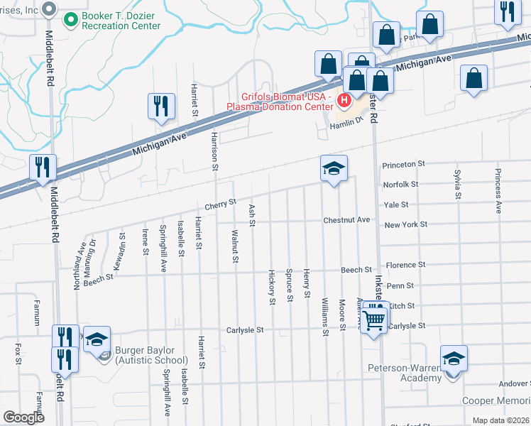 map of restaurants, bars, coffee shops, grocery stores, and more near 3155 Hickory Street in Inkster