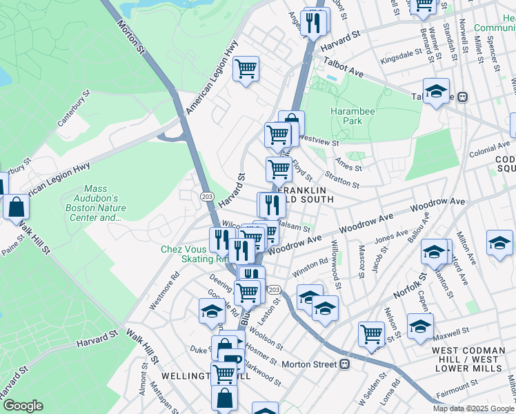 map of restaurants, bars, coffee shops, grocery stores, and more near 12 Hansborough Street in Boston