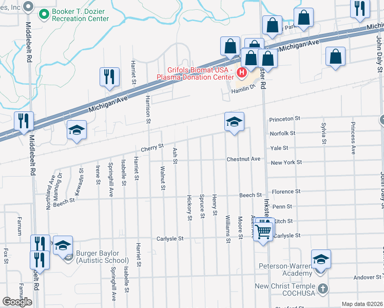 map of restaurants, bars, coffee shops, grocery stores, and more near 3155 Hickory Street in Inkster