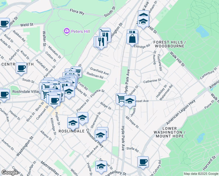 map of restaurants, bars, coffee shops, grocery stores, and more near 14 Harrison Street in Boston