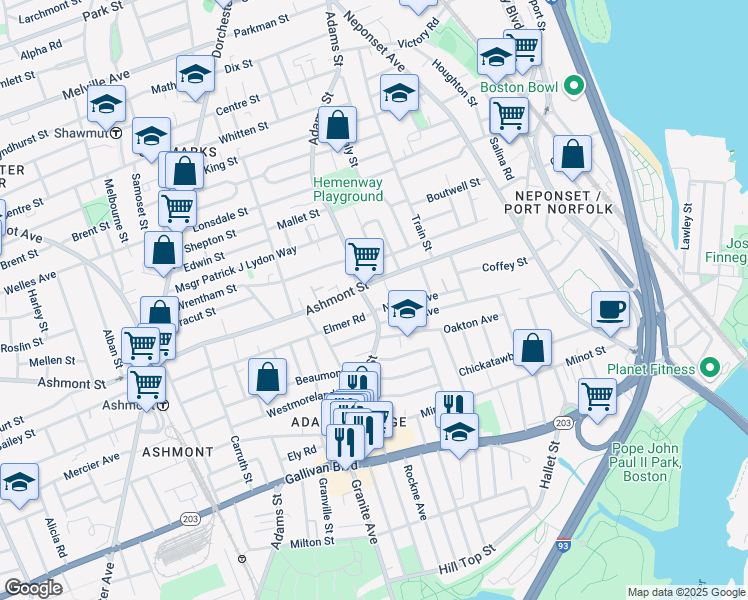 map of restaurants, bars, coffee shops, grocery stores, and more near 648 Adams Street in Boston