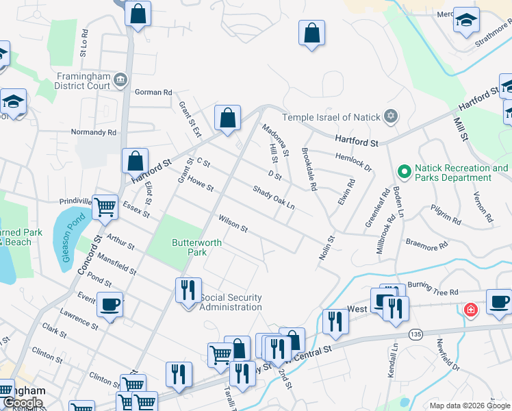 map of restaurants, bars, coffee shops, grocery stores, and more near 120 Howe Street in Framingham