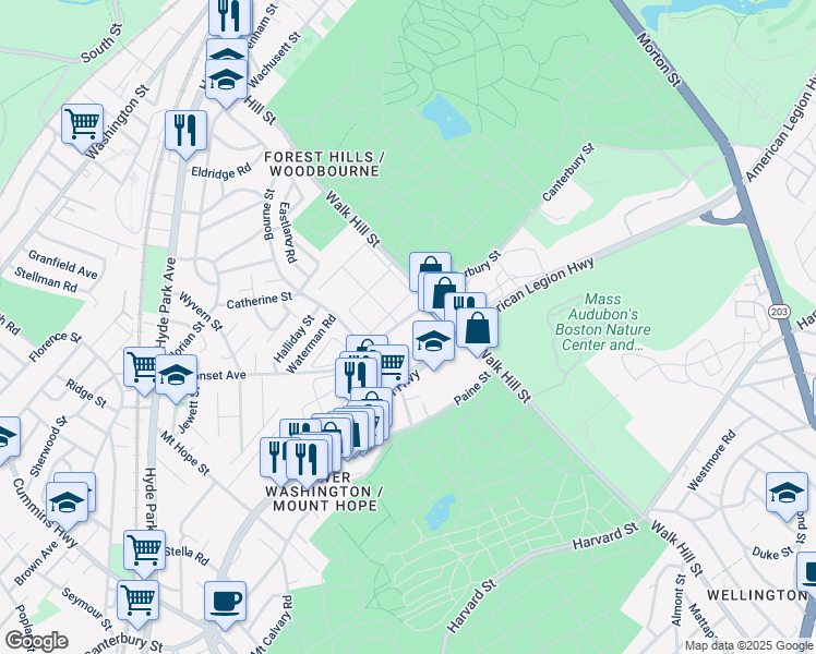 map of restaurants, bars, coffee shops, grocery stores, and more near 594 Canterbury Street in Boston