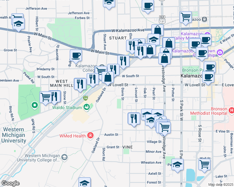 map of restaurants, bars, coffee shops, grocery stores, and more near 916 Lee Barton Court in Kalamazoo