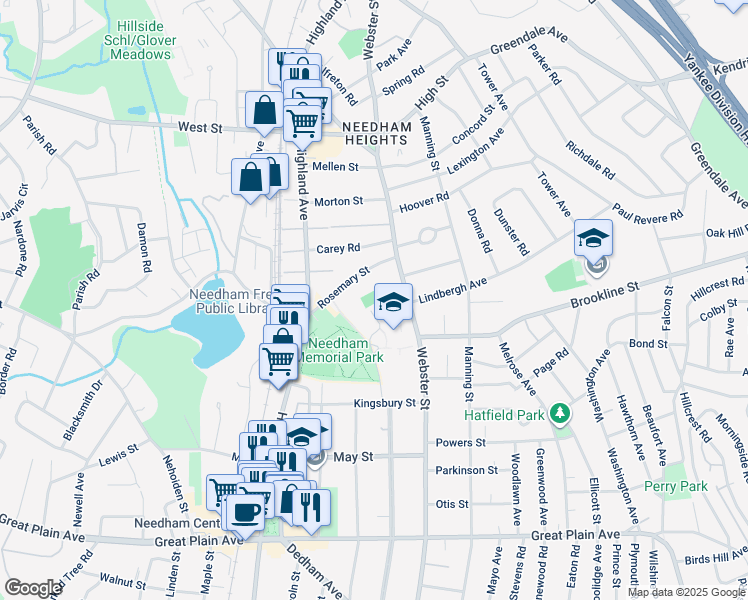 map of restaurants, bars, coffee shops, grocery stores, and more near 100 Rosemary Way in Needham