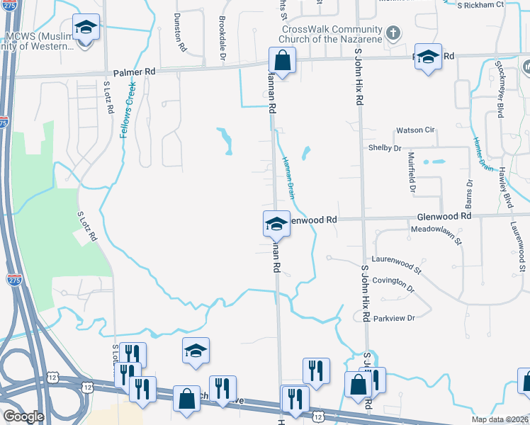 map of restaurants, bars, coffee shops, grocery stores, and more near 2630 Hannan Road in Canton