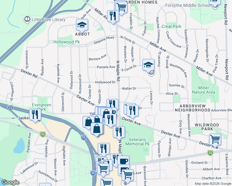 map of restaurants, bars, coffee shops, grocery stores, and more near 795 North Maple Road in Ann Arbor