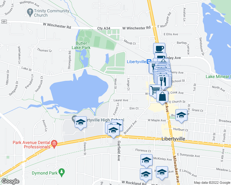 map of restaurants, bars, coffee shops, grocery stores, and more near 305 West Street in Libertyville