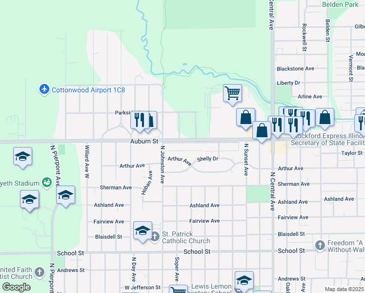 map of restaurants, bars, coffee shops, grocery stores, and more near 4120 Auburn Street Frontage Road in Rockford