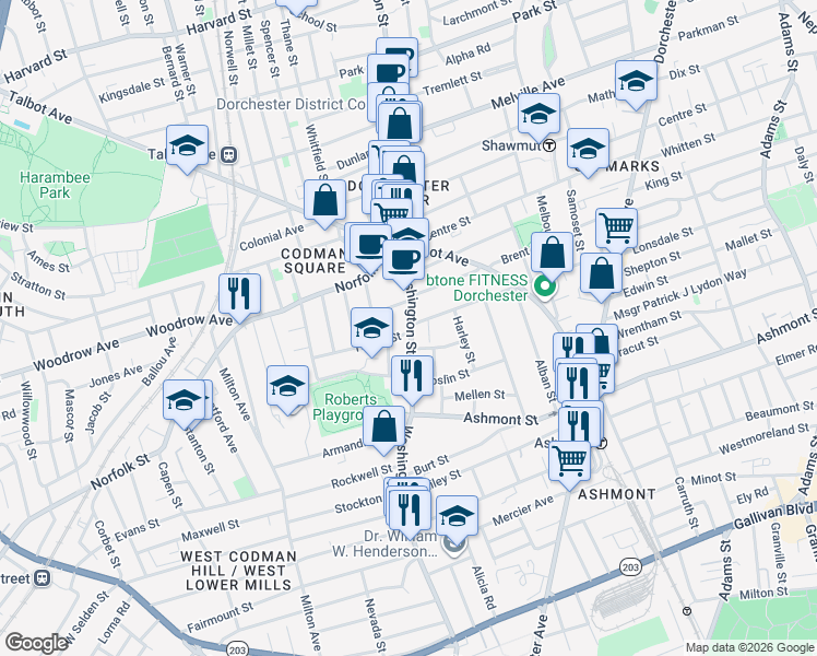 map of restaurants, bars, coffee shops, grocery stores, and more near 681 Washington Street in Boston