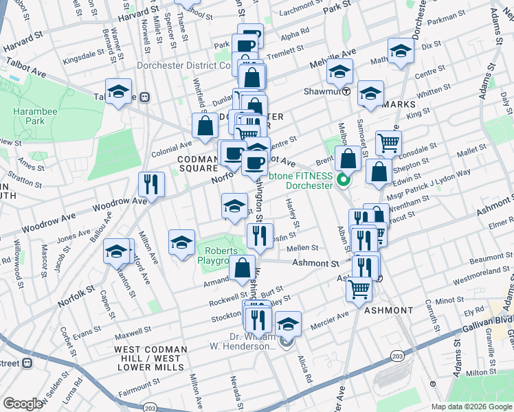 map of restaurants, bars, coffee shops, grocery stores, and more near 681 Washington Street in Boston