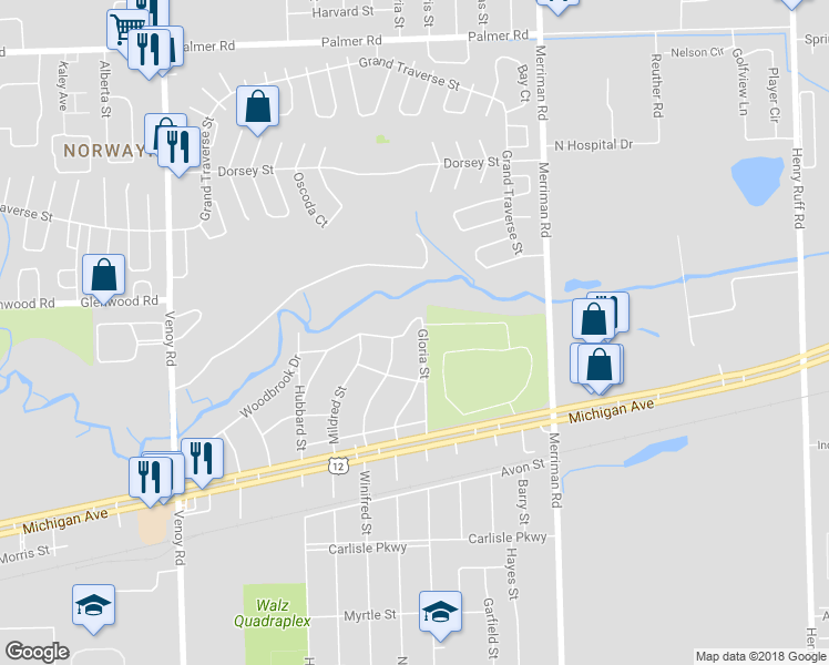 map of restaurants, bars, coffee shops, grocery stores, and more near 3002 Gloria Street in Wayne