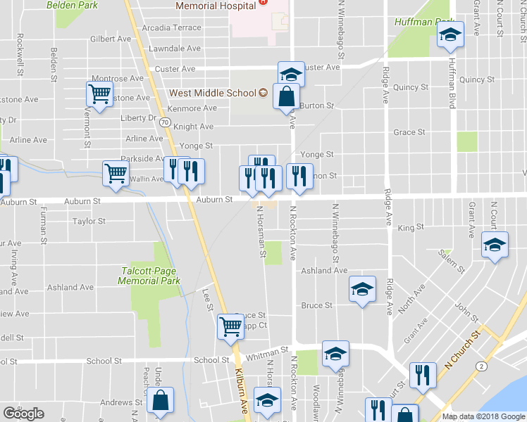 map of restaurants, bars, coffee shops, grocery stores, and more near 1305 North Horsman Street in Rockford