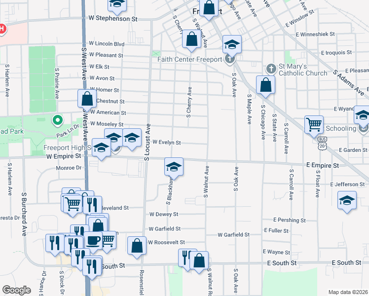 map of restaurants, bars, coffee shops, grocery stores, and more near 415 West Evelyn Street in Freeport
