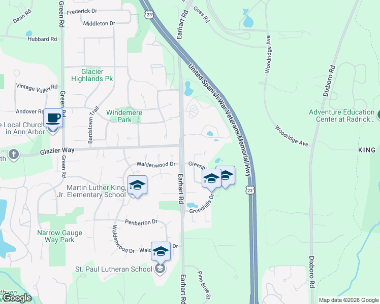 map of restaurants, bars, coffee shops, grocery stores, and more near 1090 Greenhills Drive in Ann Arbor