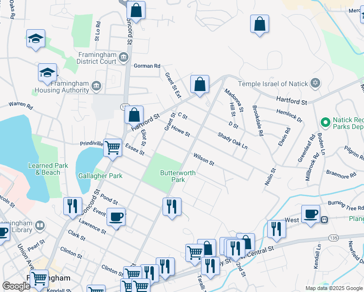 map of restaurants, bars, coffee shops, grocery stores, and more near 40 Wilson Street in Framingham