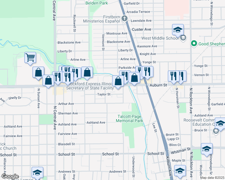 map of restaurants, bars, coffee shops, grocery stores, and more near 3216 Auburn Street in Rockford