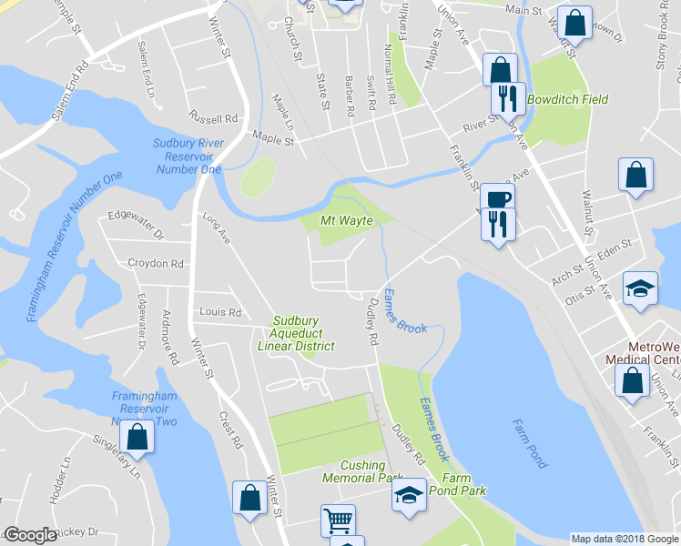 map of restaurants, bars, coffee shops, grocery stores, and more near 18 Chatauqua Avenue in Framingham