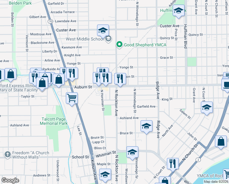 map of restaurants, bars, coffee shops, grocery stores, and more near 1310 North Rockton Avenue in Rockford