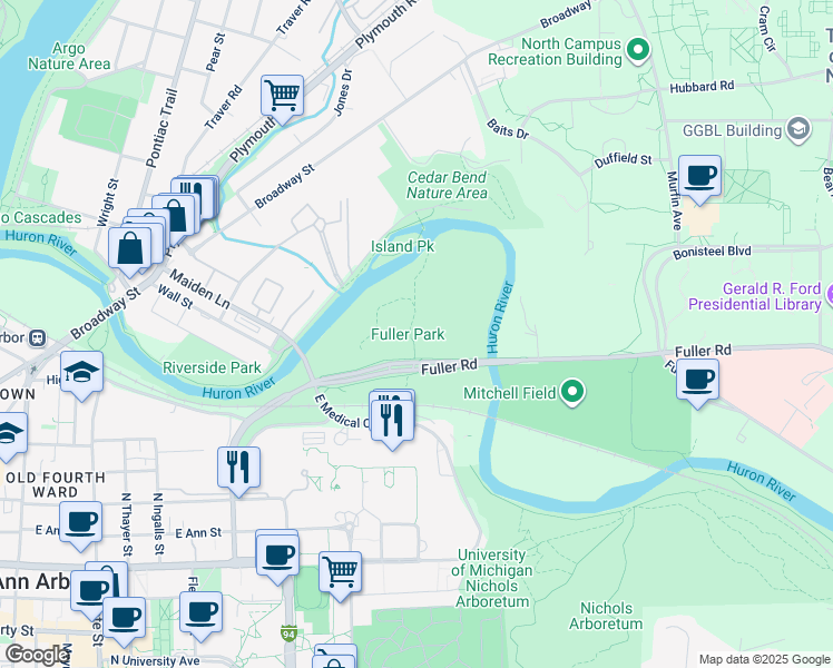map of restaurants, bars, coffee shops, grocery stores, and more near 1519 Fuller Road in Ann Arbor