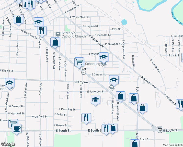 map of restaurants, bars, coffee shops, grocery stores, and more near 510 East Garden Street in Freeport
