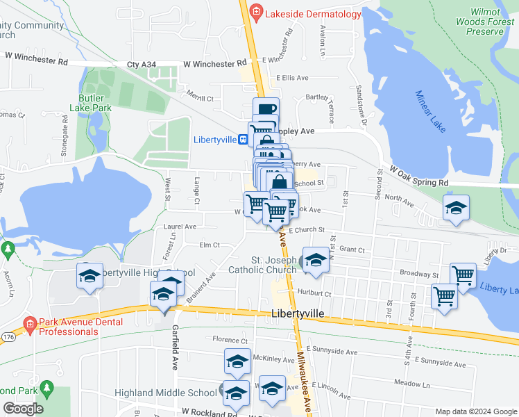map of restaurants, bars, coffee shops, grocery stores, and more near 118 West Cook Avenue in Libertyville
