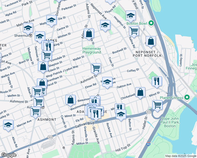 map of restaurants, bars, coffee shops, grocery stores, and more near 640 Adams Street in Boston
