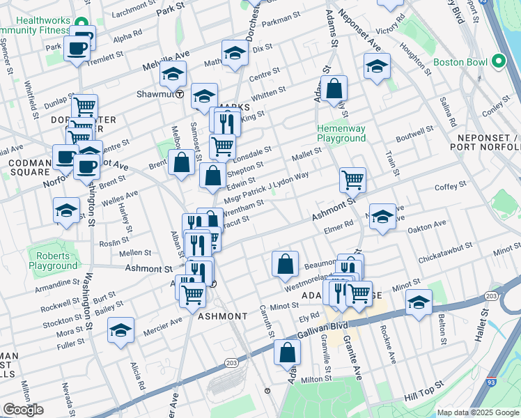 map of restaurants, bars, coffee shops, grocery stores, and more near 49 Wrentham Street in Boston