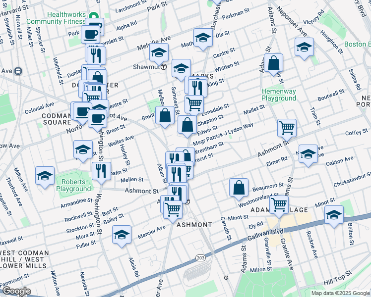 map of restaurants, bars, coffee shops, grocery stores, and more near 1847 Dorchester Avenue in Boston