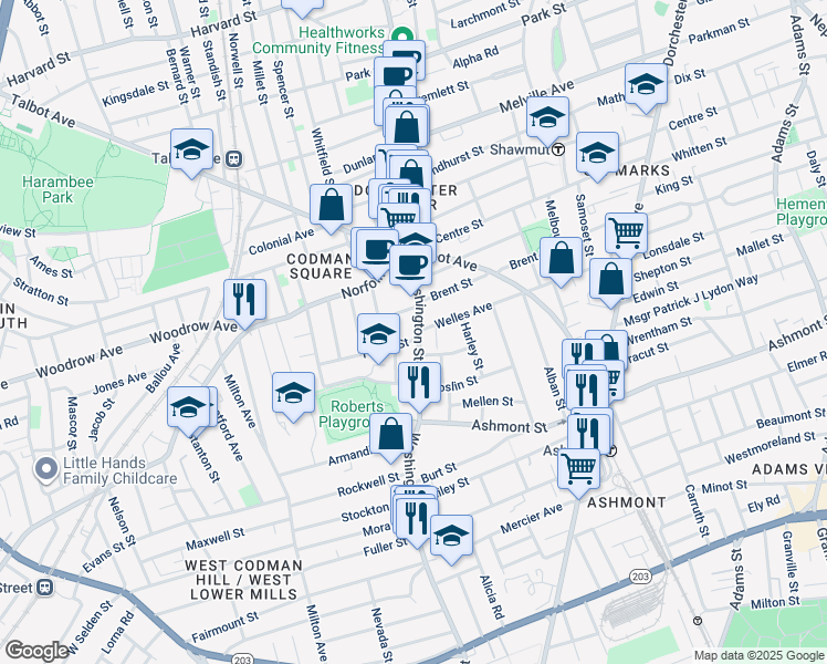map of restaurants, bars, coffee shops, grocery stores, and more near 675-677A Washington Street in Boston