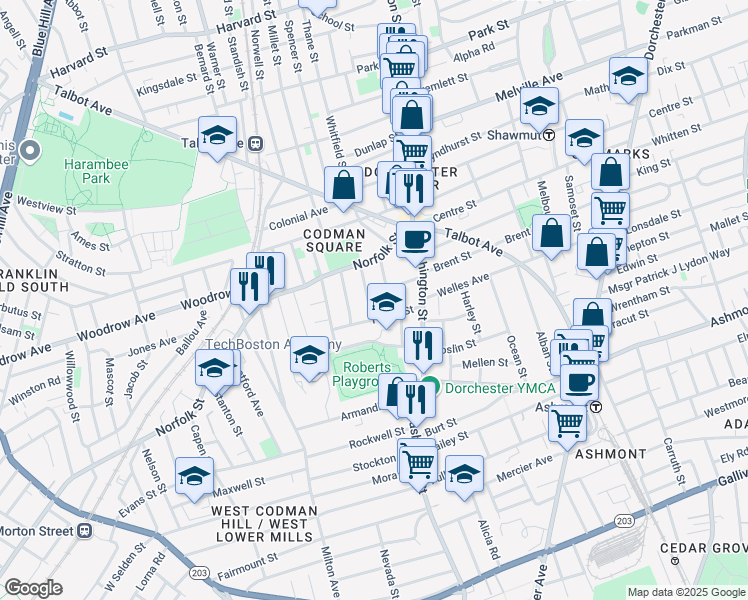 map of restaurants, bars, coffee shops, grocery stores, and more near 43 Withington Street in Boston