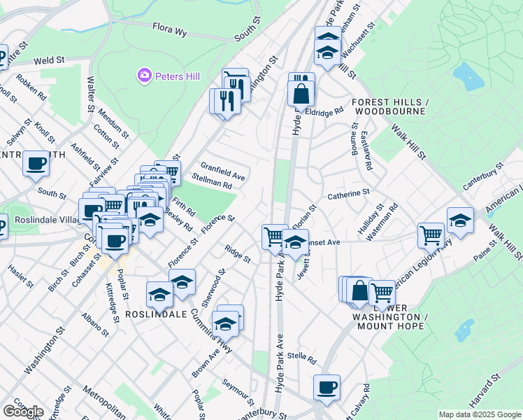 map of restaurants, bars, coffee shops, grocery stores, and more near 7 Larch Place in Boston