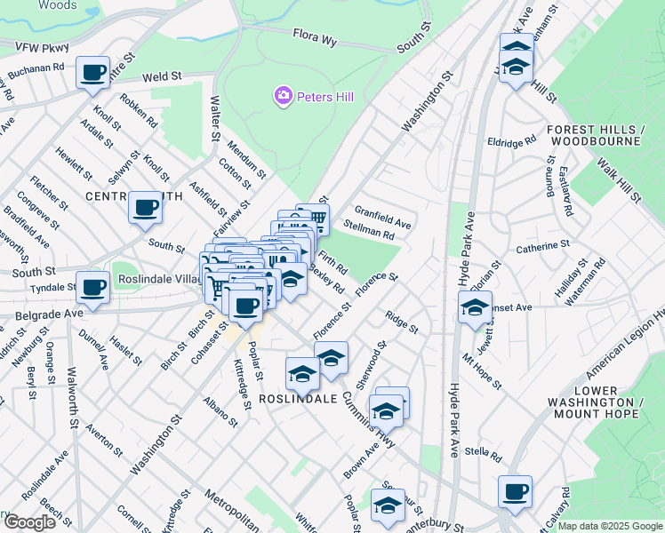 map of restaurants, bars, coffee shops, grocery stores, and more near 12 Bexley Road in Boston