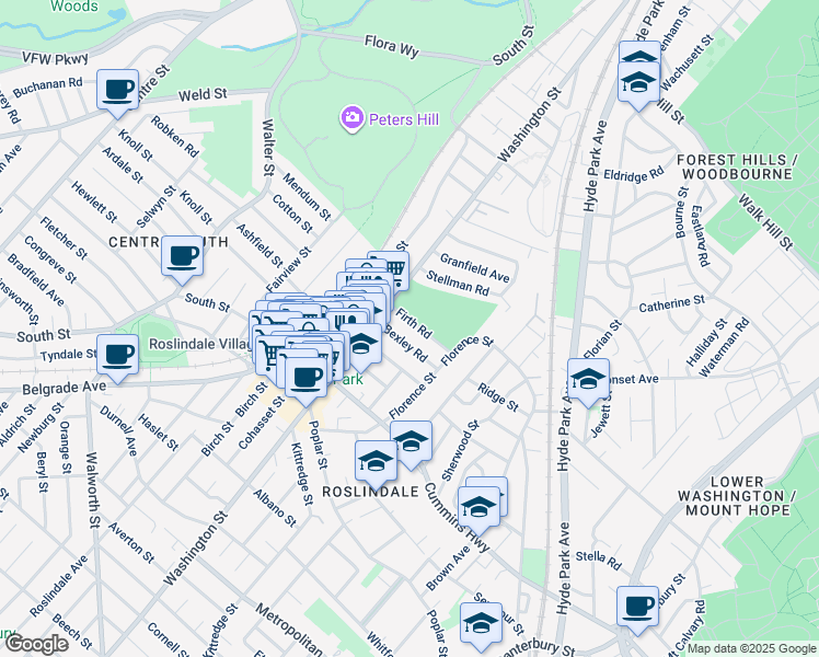 map of restaurants, bars, coffee shops, grocery stores, and more near 12 Bexley Road in Boston