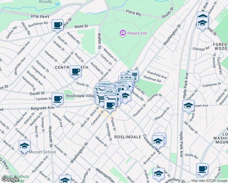 map of restaurants, bars, coffee shops, grocery stores, and more near 20 Taft Hill Park in Boston