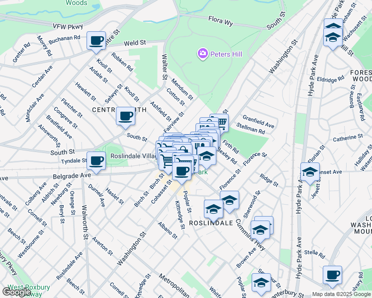 map of restaurants, bars, coffee shops, grocery stores, and more near 20 Taft Hill Park in Boston