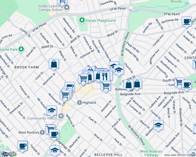 map of restaurants, bars, coffee shops, grocery stores, and more near 5 Redlands Road in Boston